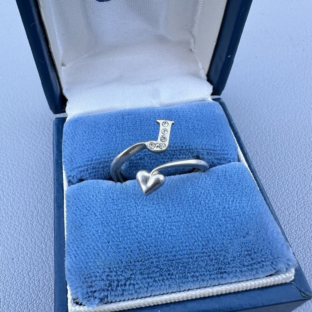 J Monogram Sterling Silver Initial Bypass Heart Rhinestone Ring 925 Sz 7 8 9